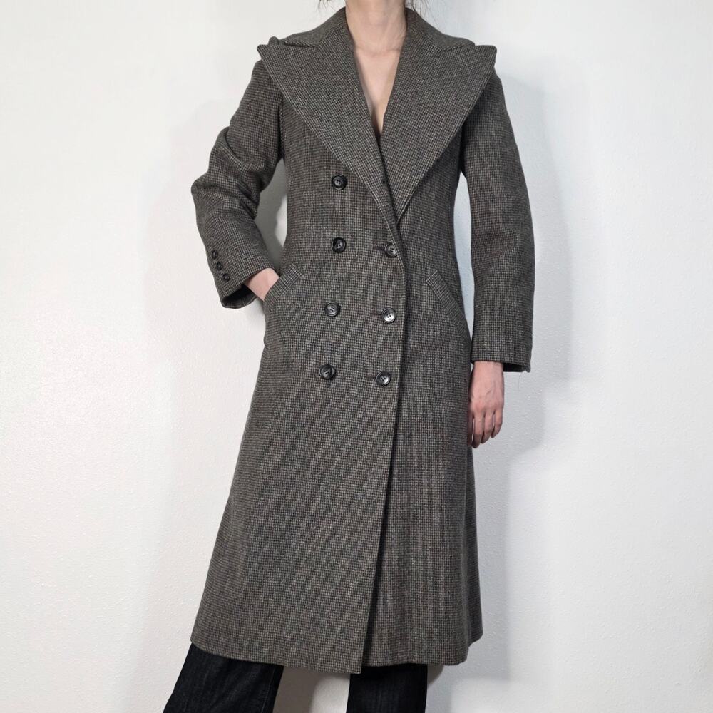 Vintage I. Magnin HAAR Ltd Gray Wool Houndstooth Double Breasted Long Coat